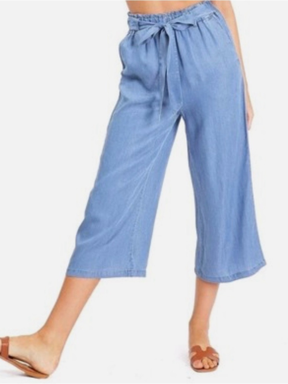 Love Tree Slate Blue Wide-Leg Paperbag Waist Culotte crop Pants - Picture 2 of 9